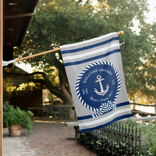 Nautical Boat Name Anchor Rope Navy White Gray House Flag (In SItu)