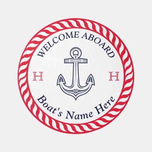 Nautical Boat Name Anchor Rope Red White Navy Blue Outdoor Rug