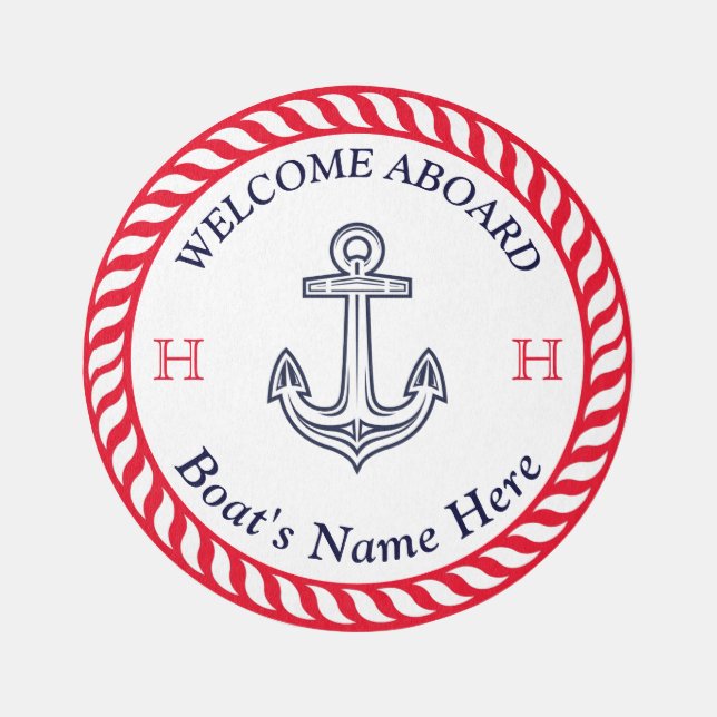 Nautical Boat Name Anchor Rope Red White Navy Blue Outdoor Rug (Front)