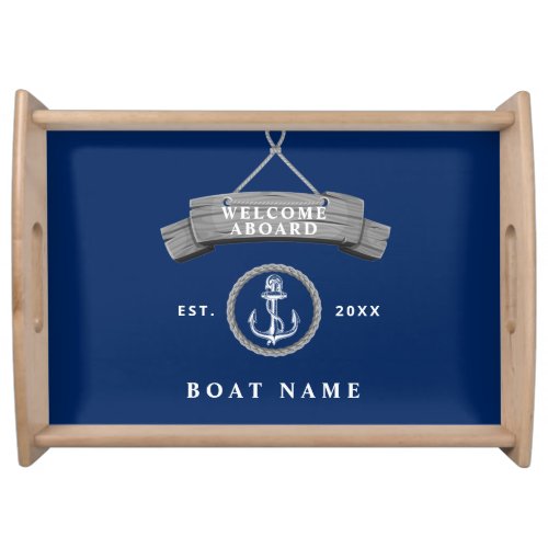 Nautical boat name anchor rope rustic navy serving tray