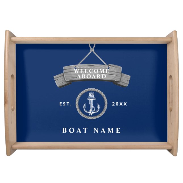 Nautical boat name anchor rope rustic navy serving tray (Front)