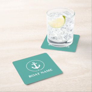 Nautical Boat Name Anchor Rope Square Paper Coaster
