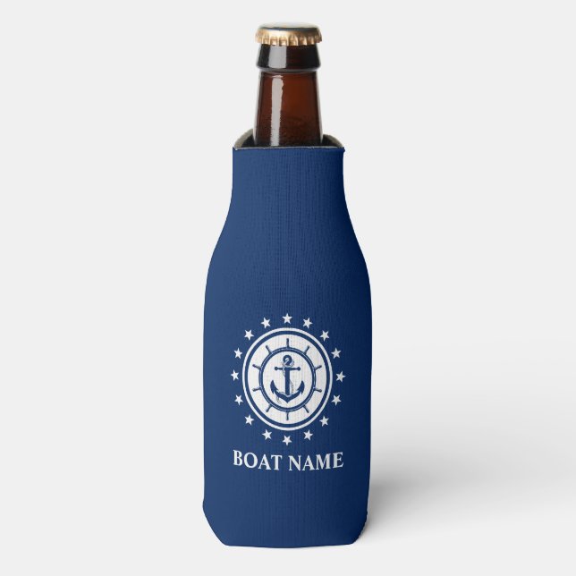 Nautical Boat Name Anchor Rope Stars Blue Bottle Cooler (Bottle Front)