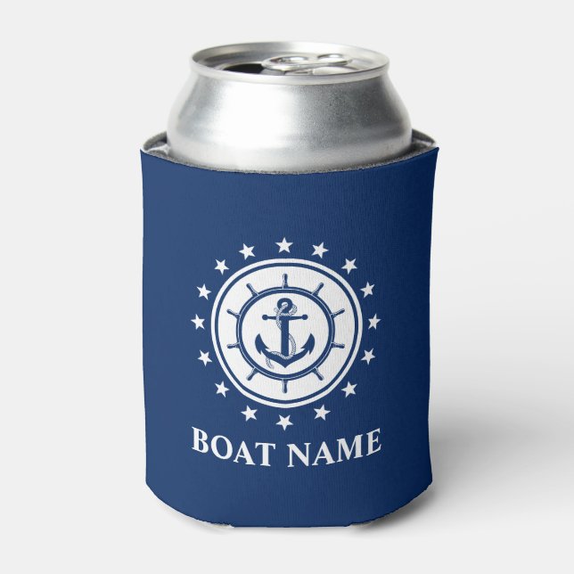 Nautical Boat Name Anchor Rope Stars Blue Can Cooler (Can Front)