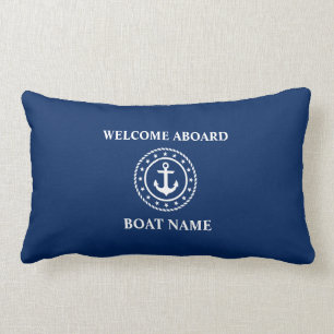 Nautical Boat Name Anchor Rope Stars Blue Welcome Lumbar Pillow
