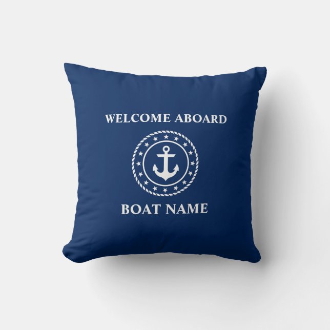Nautical Boat Name Anchor Rope Stars Blue Welcome Throw Pillow (Front)