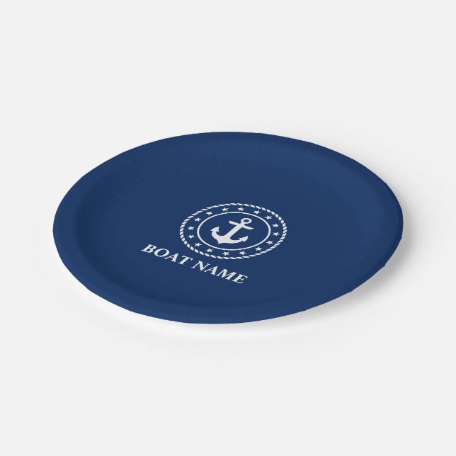 Nautical Boat Name Anchor Rope Stars Navy Blue Paper Plates (Angled)