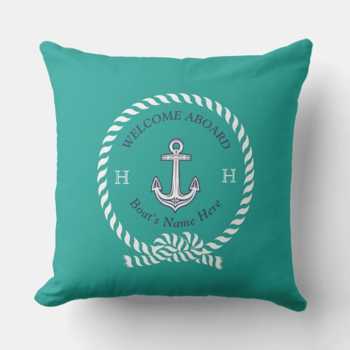 Nautical Boat Name Anchor Rope Teal Blue Welcome  Outdoor Pillow