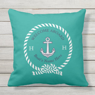 Nautical Boat Name Anchor Rope Teal Blue Welcome Outdoor Pillow