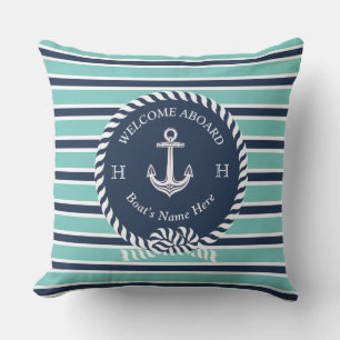 Nautical Boat Name Anchor Rope Teal Blue Welcome Outdoor Pillow