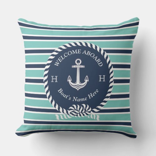 Nautical Boat Name Anchor Rope Teal Blue Welcome  Outdoor Pillow