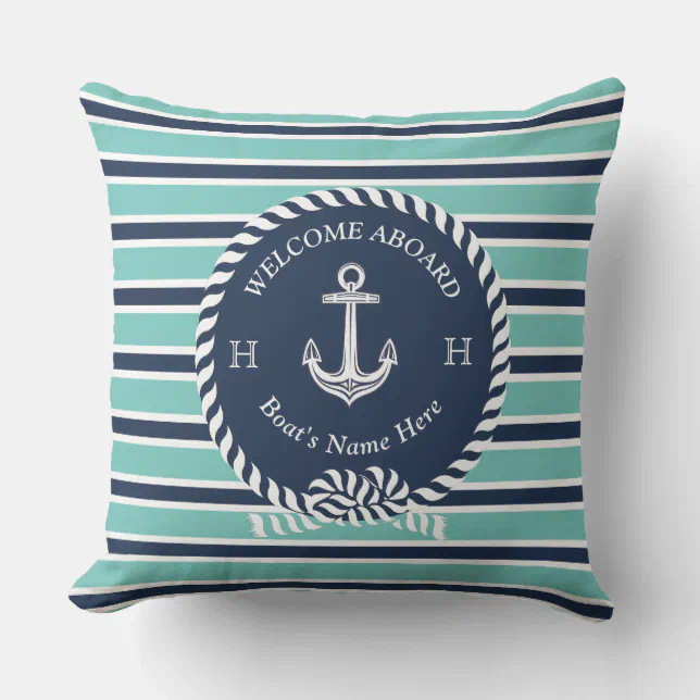 Nautical Boat Name Anchor Rope Teal Blue Welcome Outdoor Pillow