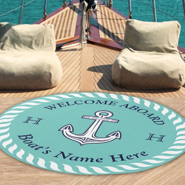 Nautical Boat Name Anchor Rope Teal  Blue White  Outdoor Rug (Creator Uploaded)