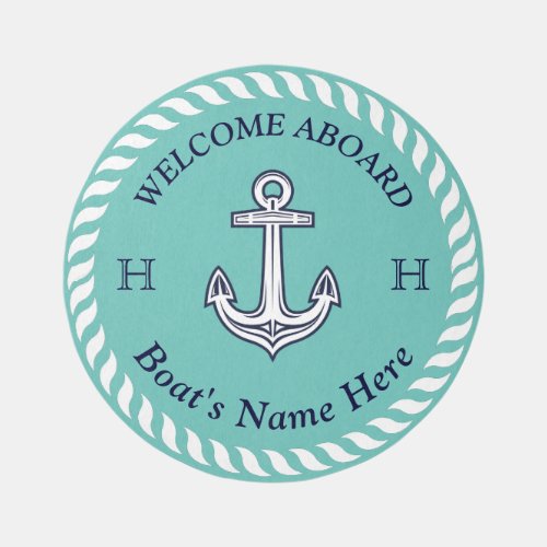 Nautical Boat Name Anchor Rope Teal  Blue White  Outdoor Rug