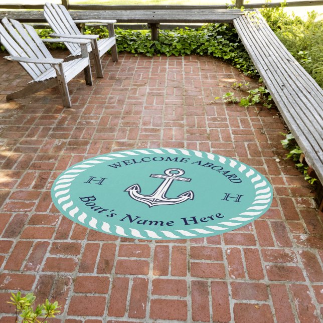 Nautical Boat Name Anchor Rope Teal  Blue White  Outdoor Rug (Insitu (Outdoor 3))