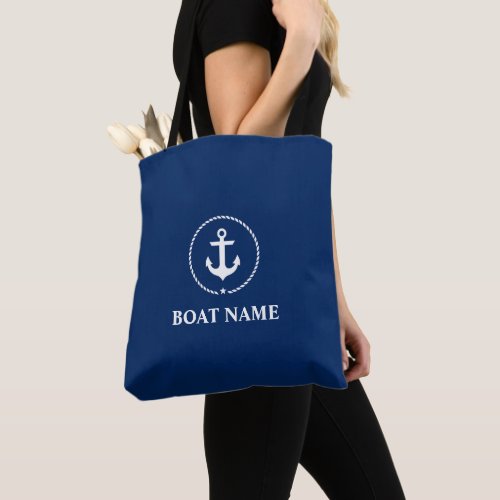 Nautical Boat Name Anchor Rope Tote Bag Navy Blue