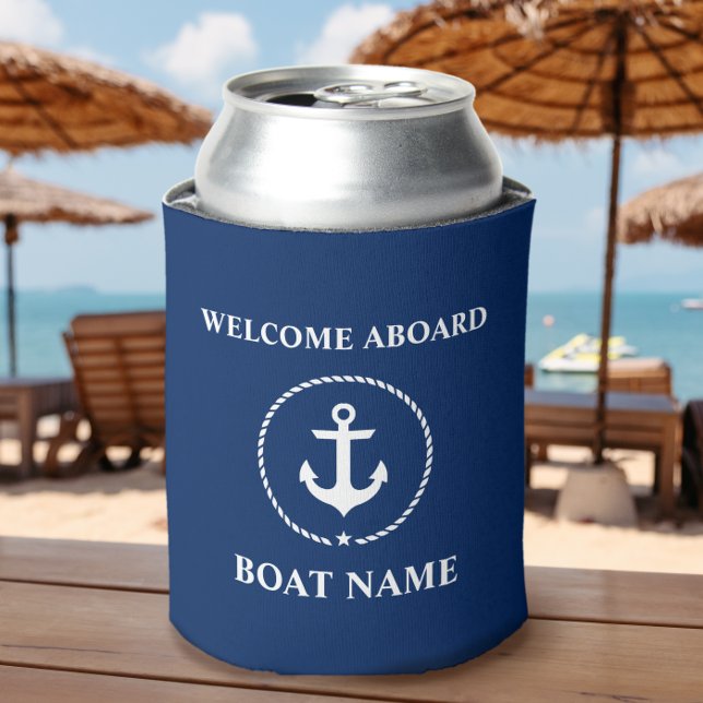 Nautical Boat Name Anchor Rope Welcome Aboard Can Cooler