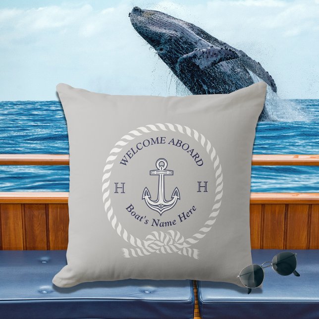 Nautical Boat Name Anchor Rope Welcome gray Outdoor Pillow (Creator Uploaded)