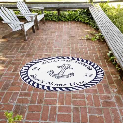 Nautical Boat Name Anchor Rope White Navy Blue Outdoor Rug
