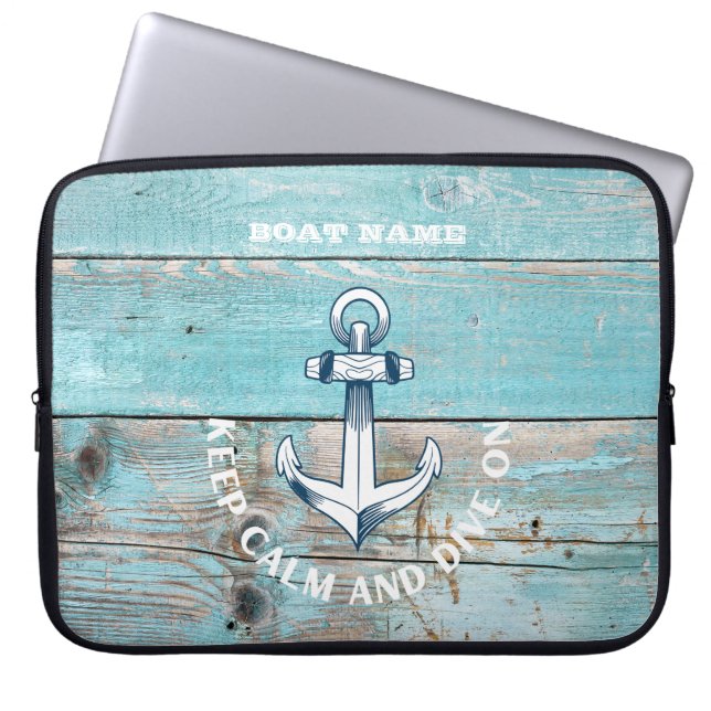 Nautical Boat Name Anchor Rustic Wood Laptop Sleeve (Front)