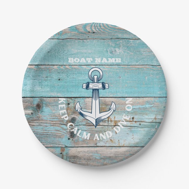 Nautical Boat Name Anchor Rustic Wood Paper Plates (Front)