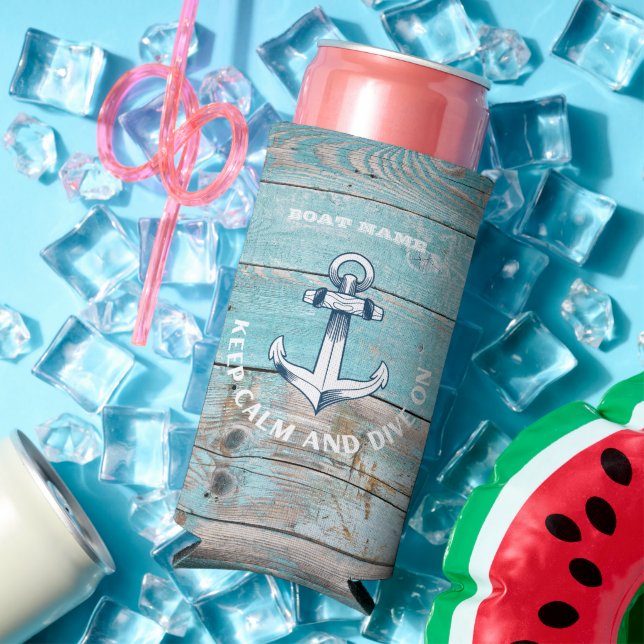 Nautical Boat Name Anchor Rustic Wood Seltzer Can Cooler (In Situ Summer)