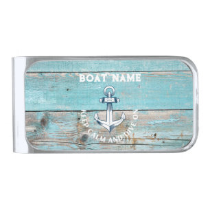 Nautical Boat Name Anchor Rustic Wood Silver Finish Money Clip