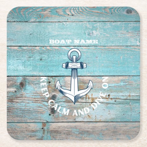 Nautical Boat Name Anchor Rustic Wood Square Paper Coaster