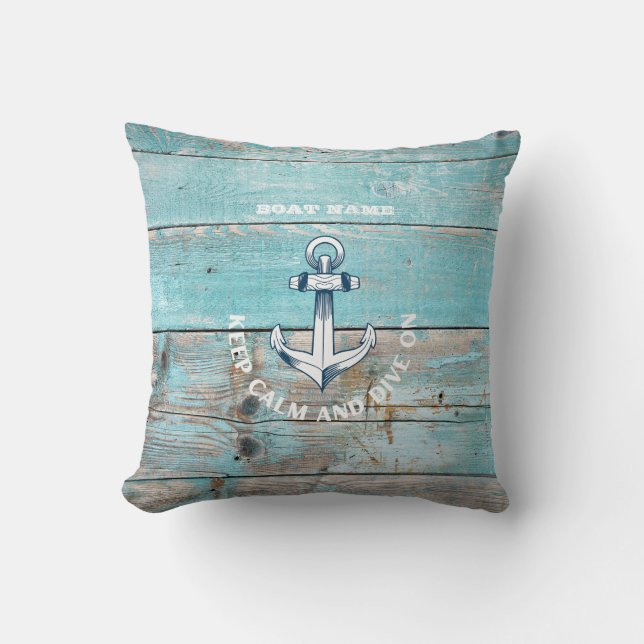 Nautical Boat Name Anchor Rustic Wood Throw Pillow (Front)