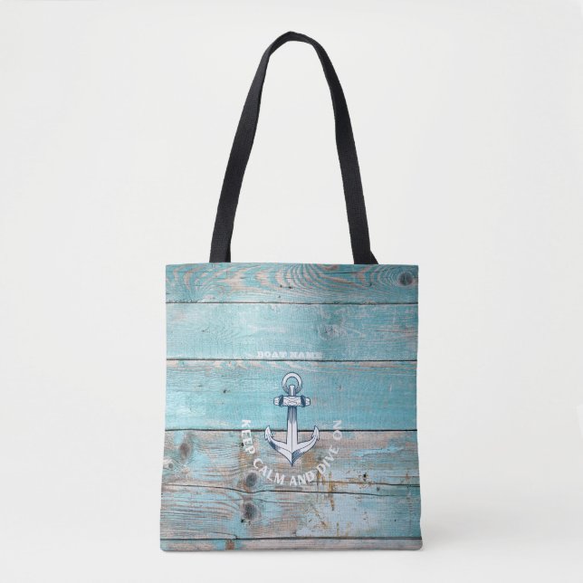 Nautical Boat Name Anchor Rustic Wood Tote Bag (Front)