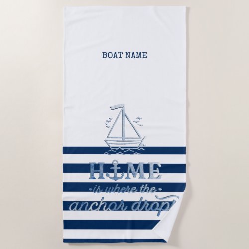 Nautical Boat NameAnchor Sea Navy Blue Striped Beach Towel