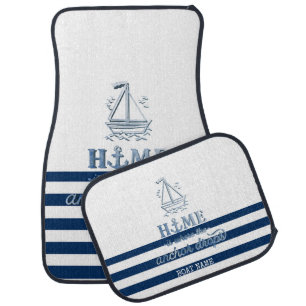 Nautical Boat Name,Anchor Sea Navy Blue Striped Car Floor Mat