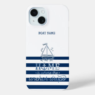 Nautical Boat Name,Anchor Sea Navy Blue Striped iPhone 15 Case