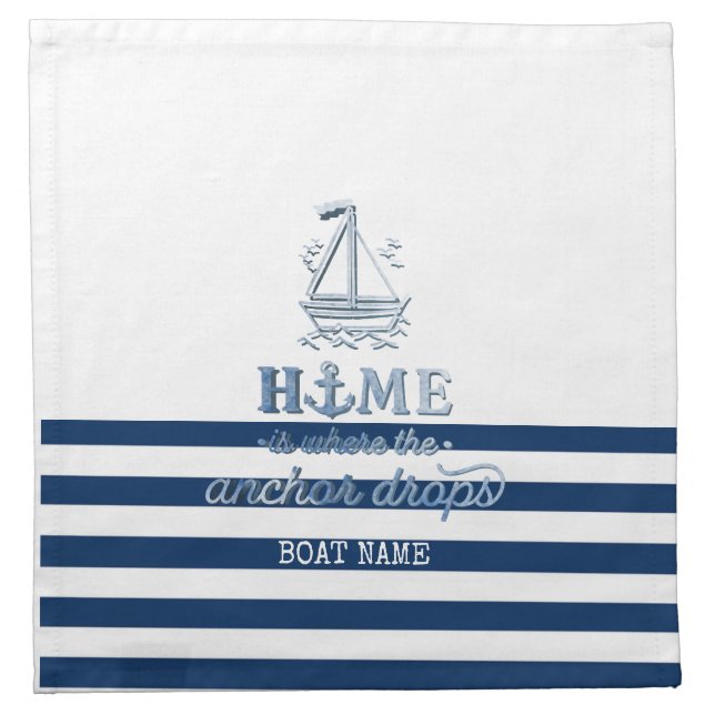 Nautical Boat Name,Anchor Sea Navy Blue Striped Cloth Napkin (Front)