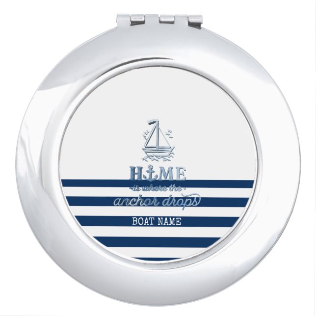 Nautical Boat Name,Anchor Sea Navy Blue Striped Compact Mirror (Front)