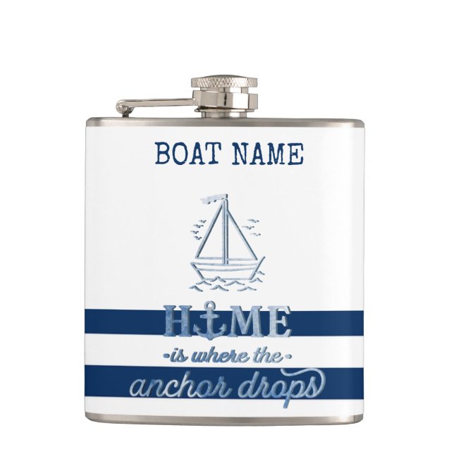 Nautical Boat Name,Anchor Sea Navy Blue Striped Flask (Front)