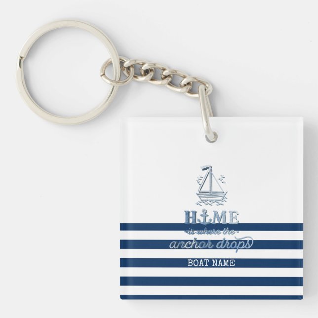 Nautical Boat Name,Anchor Sea Navy Blue Striped Keychain (Front)