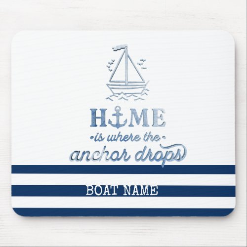 Nautical Boat NameAnchor Sea Navy Blue Striped Mouse Pad