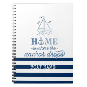 Nautical Boat Name,Anchor Sea Navy Blue Striped Notebook