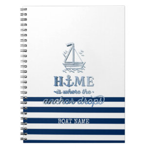 Nautical Boat Name,Anchor Sea Navy Blue Striped Notebook