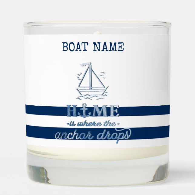 Nautical Boat Name,Anchor Sea Navy Blue Striped Scented Candle (Front)