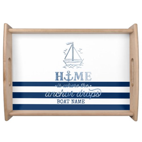 Nautical Boat NameAnchor Sea Navy Blue Striped  Serving Tray