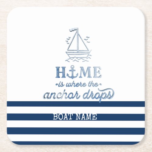 Nautical Boat NameAnchor Sea Navy Blue Striped Square Paper Coaster