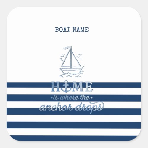 Nautical Boat NameAnchor Sea Navy Blue Striped Square Sticker