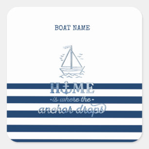 Nautical Boat Name,Anchor Sea Navy Blue Striped Square Sticker