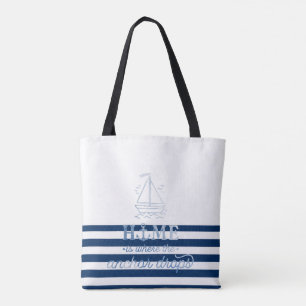 Nautical Boat Name,Anchor Sea Navy Blue Striped Tote Bag