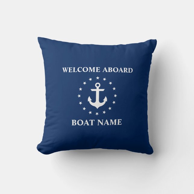 Nautical Boat Name Anchor Stars Blue Welcome Throw Pillow (Front)
