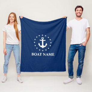 Nautical Boat Name Anchor Stars Navy Blue Fleece Blanket