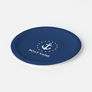 Nautical Boat Name Anchor Stars Navy Blue Paper Plates