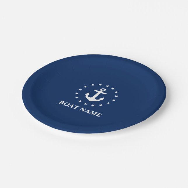 Nautical Boat Name Anchor Stars Navy Blue Paper Plates (Angled)